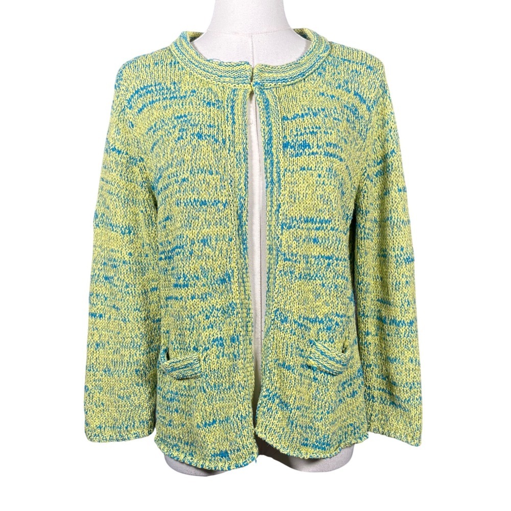 Outlander Womens Large Lime Green Teal Blue Metallic Lurex Open Front Cardigan